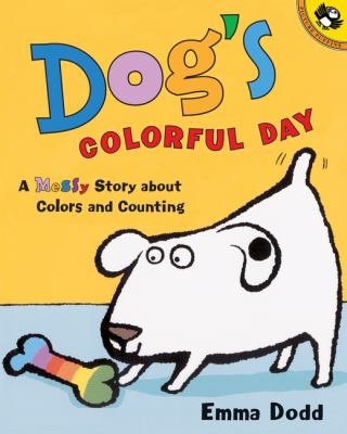 Illustration of a white dog staring at a rainbow colored bone on the floor