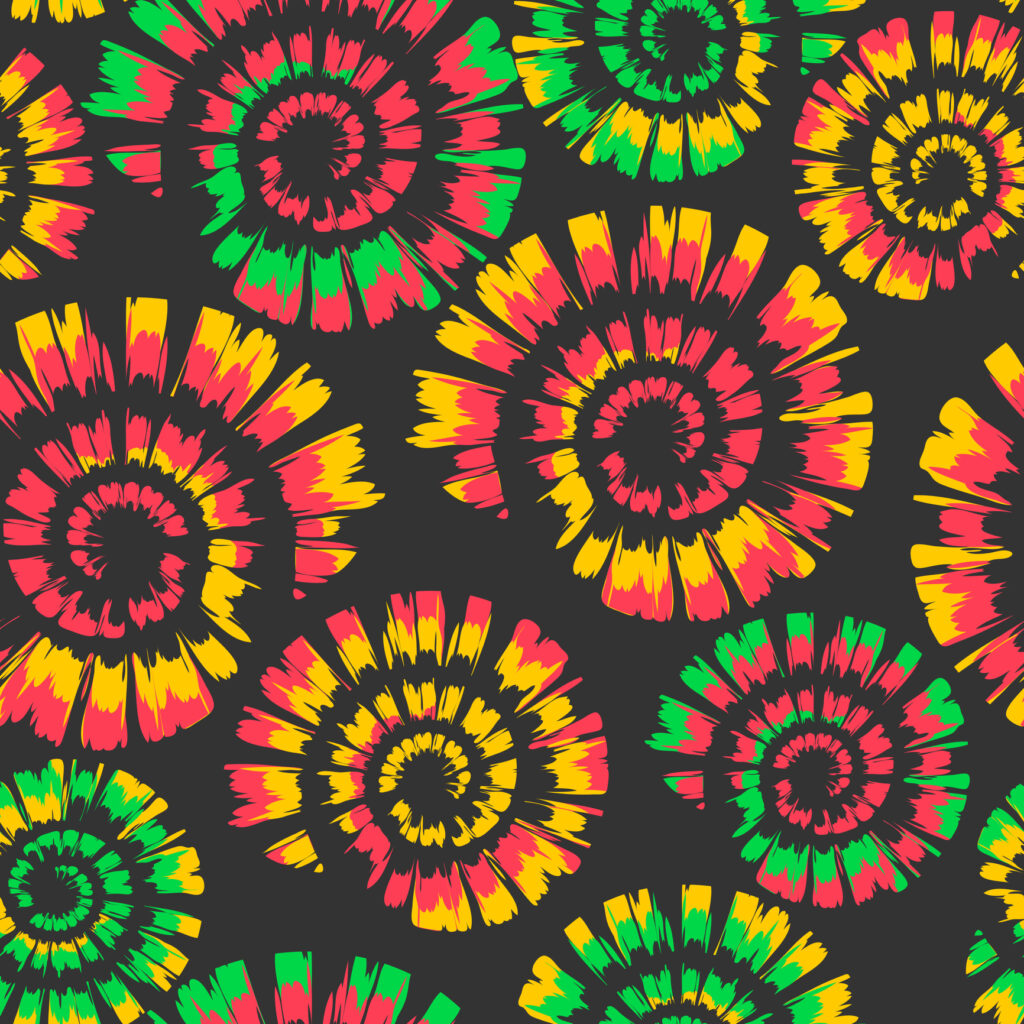 pattern with colourful spiral shell on grey background. Artistic tie dye wallpaper with paint swirl